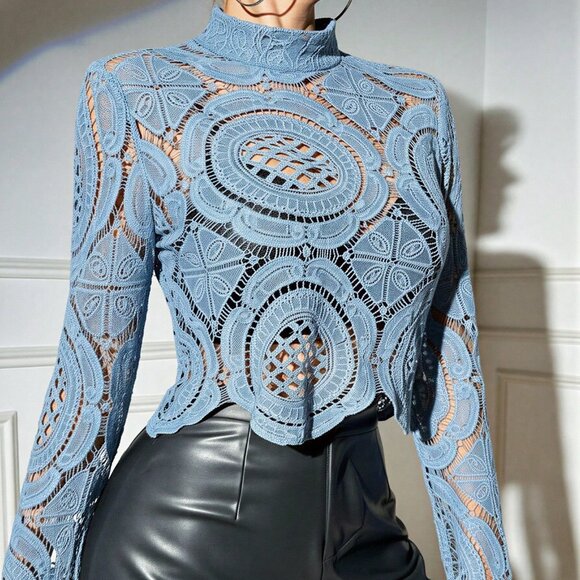 Casual Baby Blue Women's Mandarin Collar Lace Bell Sleeve Blouse - Picture 4 of 5